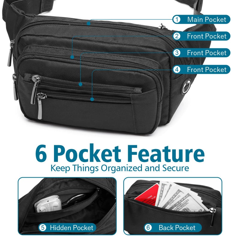 Packism Fanny Packs for Women Men - 6 Pockets Large Fanny Packs for Women Cross Body Everywhere Belt Bag Bum Bag & Adjustable Strap for Traveling Cycling Running Hiking, Black - Image 3